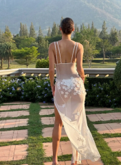 2024 New European and American V-Neck Sexy Backless Sundress Mesh Sheer Three-dimensional Flower Dress