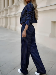 2024 European and American Women's Temperament Casual Striped Short lapel Suit Straight Leg Pants Set