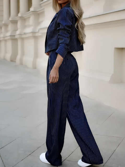 2024 European and American Women's Temperament Casual Striped Short lapel Suit Straight Leg Pants Set