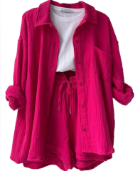 2024 Women's Two-piece Crinkled Lapel Long Sleeve Shirt High Waist Drawstring Shorts Plus Size Fashion Casual Cotton Suit