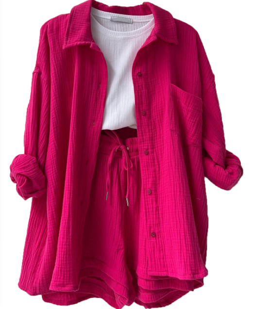 2024 Women's Two-piece Crinkled Lapel Long Sleeve Shirt High Waist Drawstring Shorts Plus Size Fashion Casual Cotton Suit