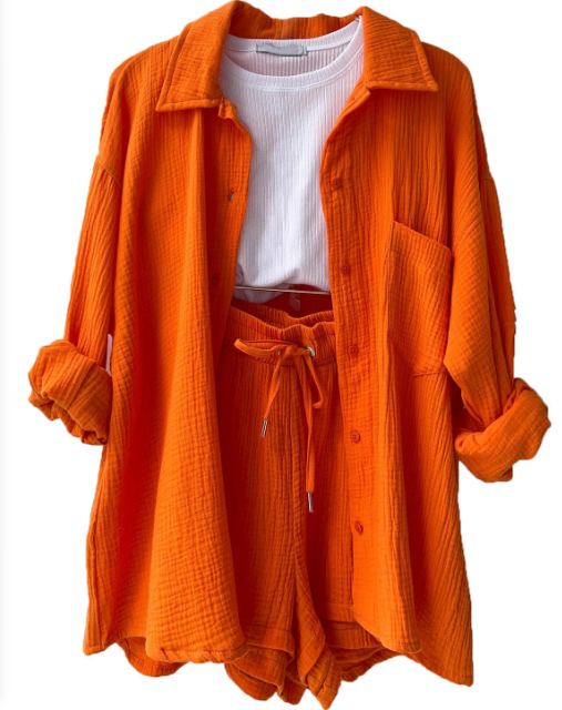 2024 Women's Two-piece Crinkled Lapel Long Sleeve Shirt High Waist Drawstring Shorts Plus Size Fashion Casual Cotton Suit