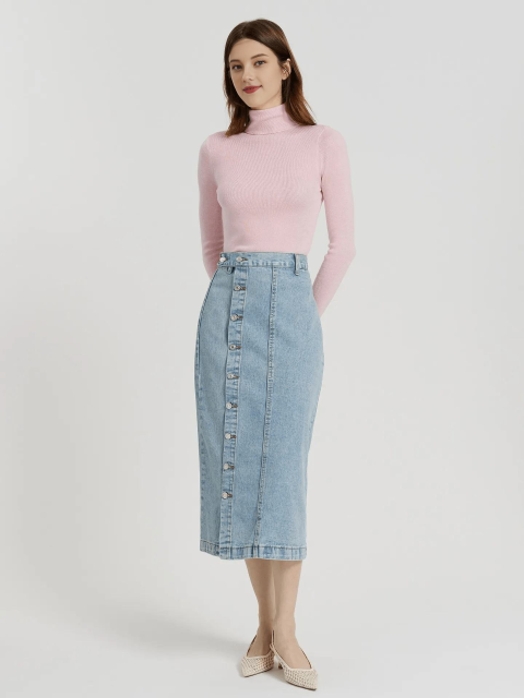Women Custom Casual High Waist Button Stylish Long Midi Denim Jeans Skirt for Women