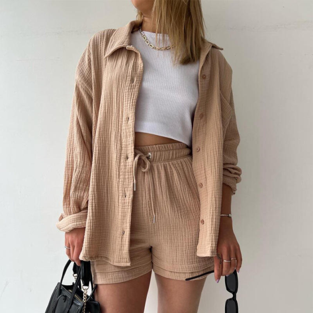 2024 Women's Two-piece Crinkled Lapel Long Sleeve Shirt High Waist Drawstring Shorts Plus Size Fashion Casual Cotton Suit