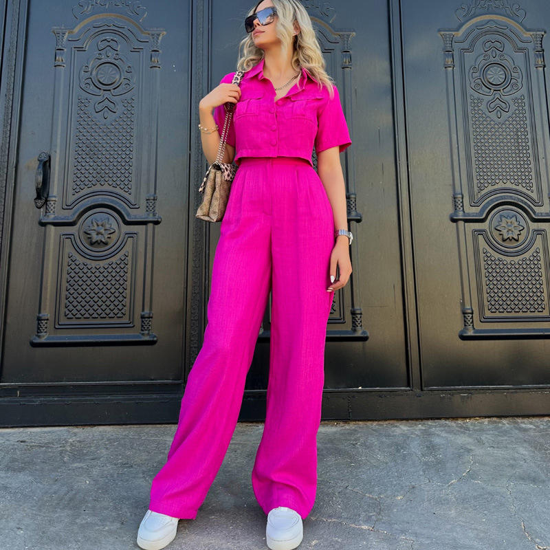Fashion Women Linen Blend Two Piece Casual Shirt Pants Set