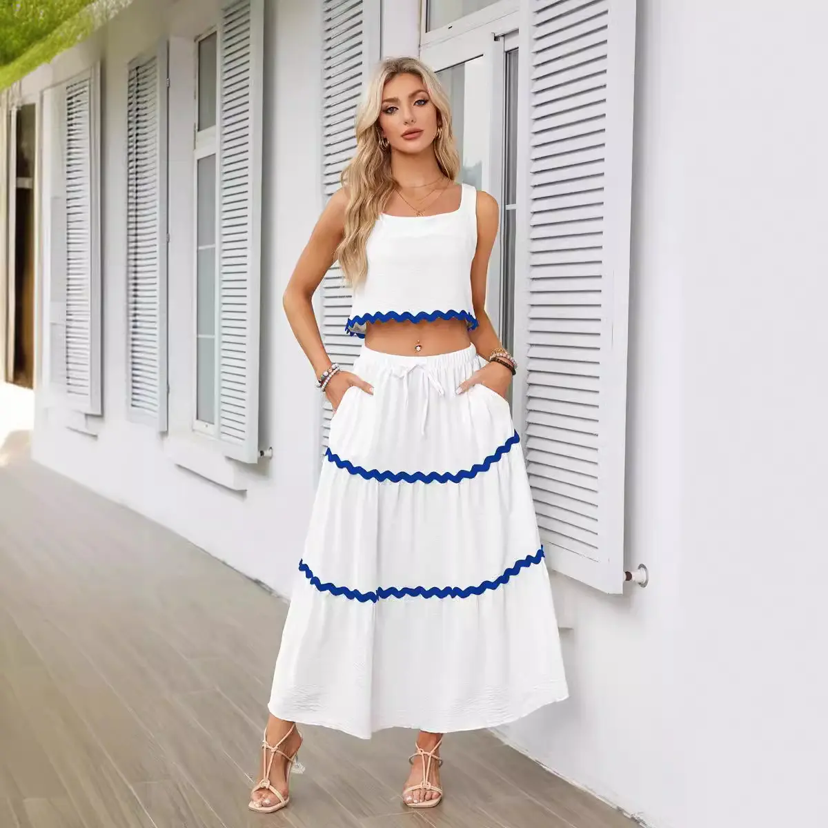 2024 European and American Women's Clothing Lace Collage Sleeveless Short Vest High Waist Long Skirt Set