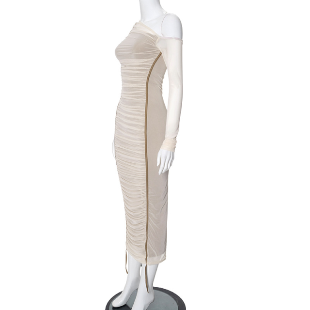 European and American Women's Summer New Solid Color Casual One-Shoulder Mesh Long-Sleeved Pleated Slim Long Dress
