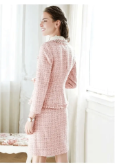 Women Custom Made Pink Set Tweed Short Coat Tweed Jacket Tweed Skirt with Pearl and Tassels