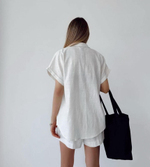 2 Piece Outfits Matching Sets for Women Short Sleeve Button Down Shirt and Shorts Cotton Linen Lounge Set