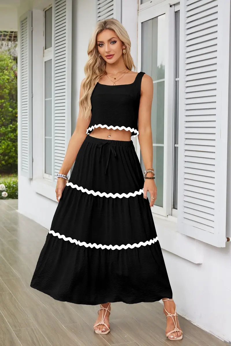 2024 European and American Women's Clothing Lace Collage Sleeveless Short Vest High Waist Long Skirt Set