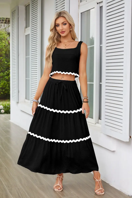 2024 European and American Women's Clothing Lace Collage Sleeveless Short Vest High Waist Long Skirt Set