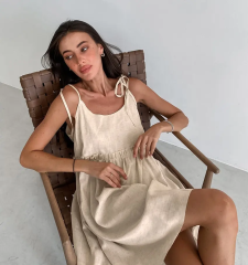 Women's Custom Cute Tiered Ruffle Empire Waist Linen Mini Summer Sundress - Khaki