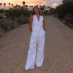 Women Custom White Cotton linen Aesthetic Summer Vest Pants Outfit 2-piece Set