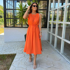 European and American Summer Sleeveless Halterneck Collar Vest Dress With Lace Slit Loose Popular Skirt