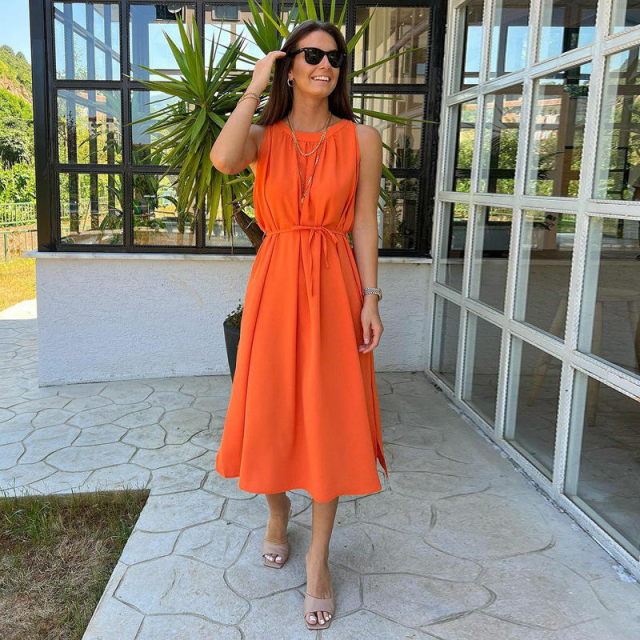 European and American Summer Sleeveless Halterneck Collar Vest Dress With Lace Slit Loose Popular Skirt