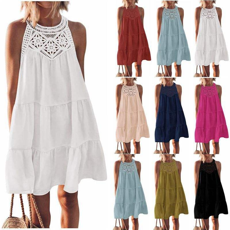 2024 European and American Women's Clothing Hot Cutout Lace Stitching Halterneck A-line Dress