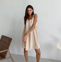 Women's Custom Cute Tiered Ruffle Empire Waist Linen Mini Summer Sundress - Khaki