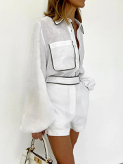 Women Cotton Two-Piece Set Turndown Collar Black And White Contrast Shorts Set