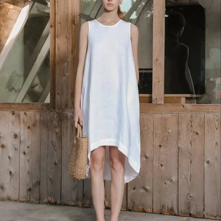 Women 100% Linen High Low Midi Dress with Pockets for Summer Casual Flowy Dress