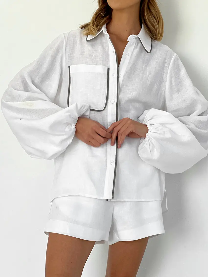 Women Cotton Two-Piece Set Turndown Collar Black And White Contrast Shorts Set