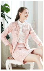 Women Custom Made Pink Set Tweed Short Coat Tweed Jacket Tweed Skirt with Pearl and Tassels