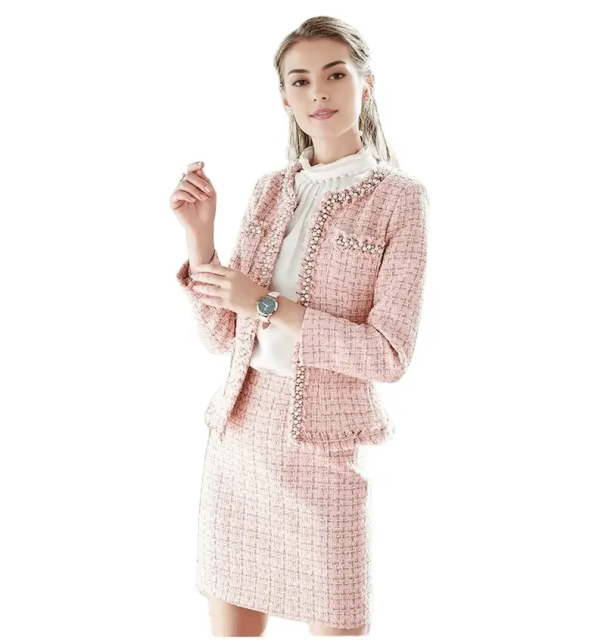 Women Custom Made Pink Set Tweed Short Coat Tweed Jacket Tweed Skirt with Pearl and Tassels