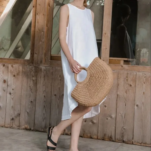 Women 100% Linen High Low Midi Dress with Pockets for Summer Casual Flowy Dress