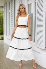 2024 European and American Women's Clothing Lace Collage Sleeveless Short Vest High Waist Long Skirt Set