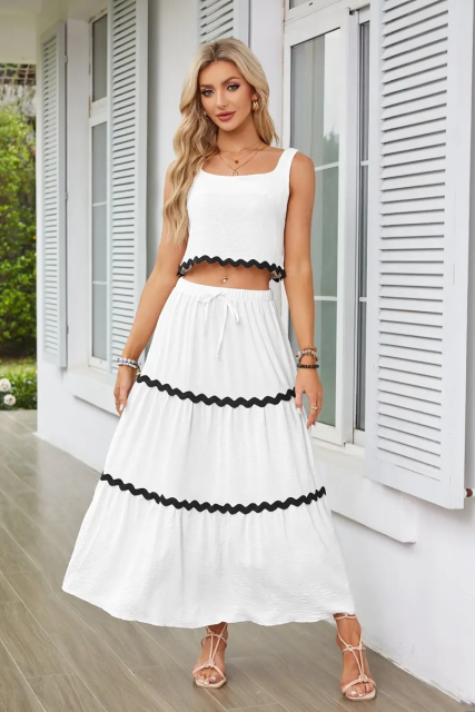 2024 European and American Women's Clothing Lace Collage Sleeveless Short Vest High Waist Long Skirt Set