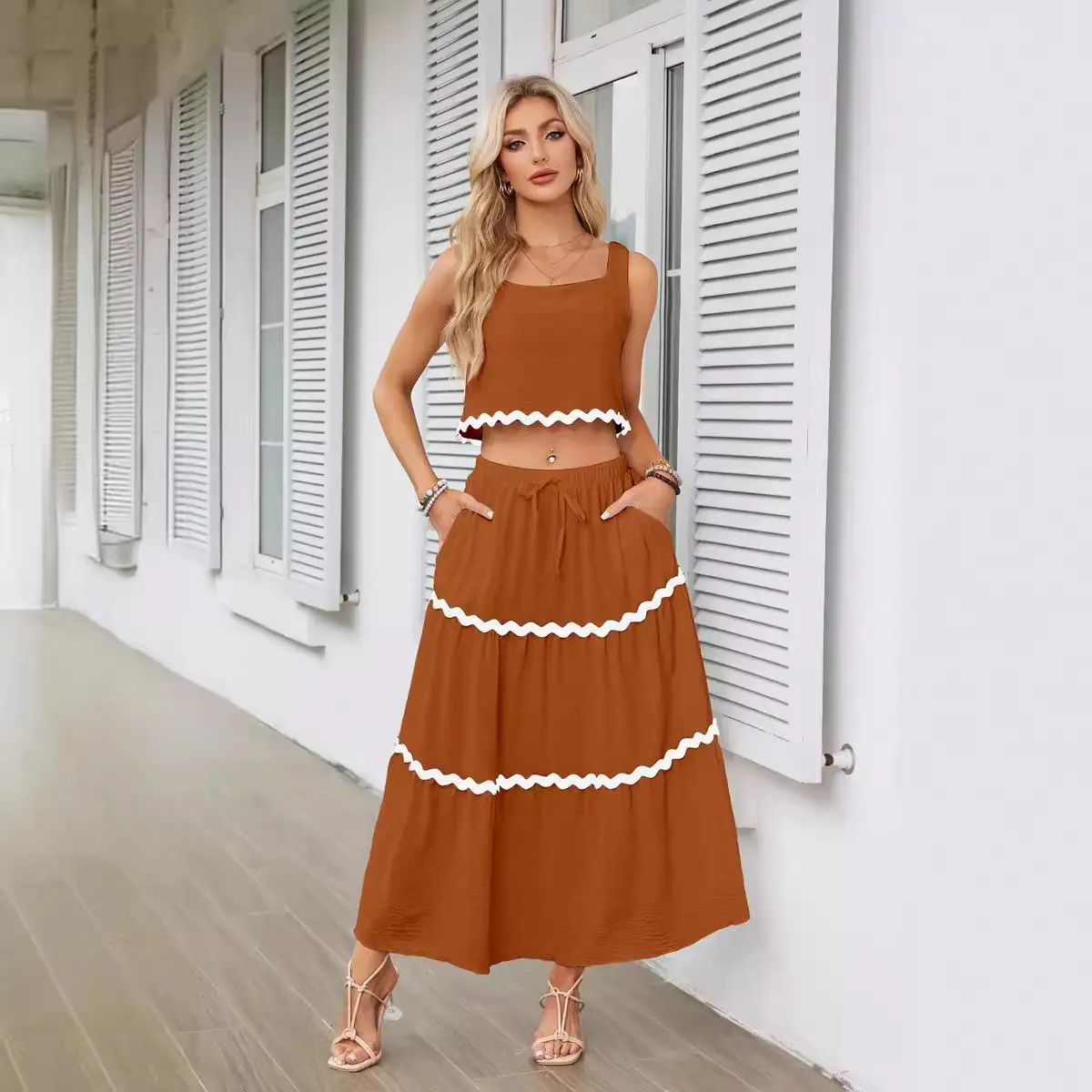 2024 European and American Women's Clothing Lace Collage Sleeveless Short Vest High Waist Long Skirt Set