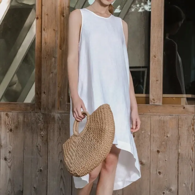 Women 100% Linen High Low Midi Dress with Pockets for Summer Casual Flowy Dress