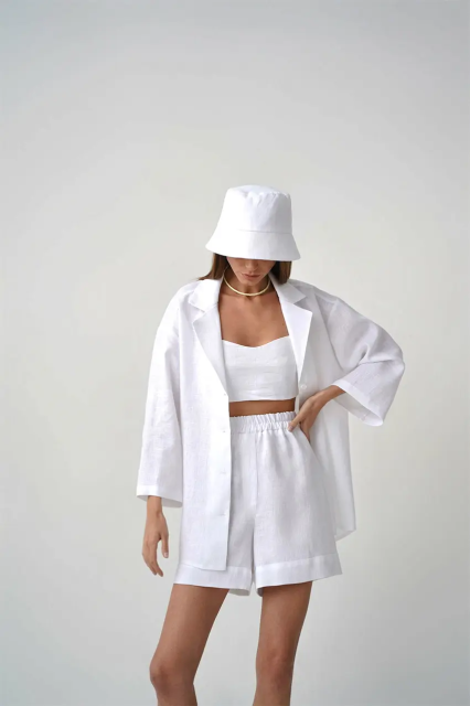 Women Cotton Two-Piece Set Loose Fit Long-Sleeved Button Shirt Casual Shorts Suits White