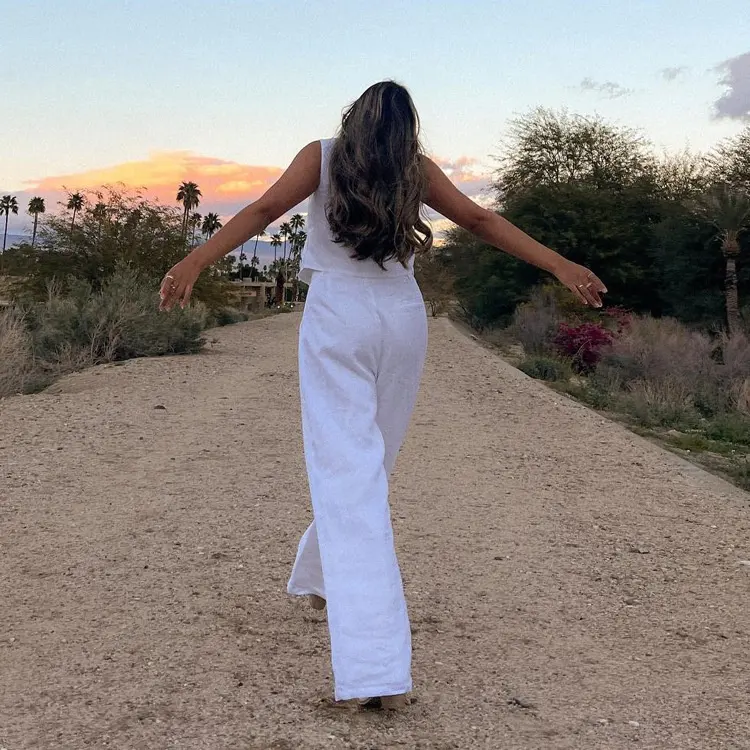Women Custom White Cotton linen Aesthetic Summer Vest Pants Outfit 2-piece Set