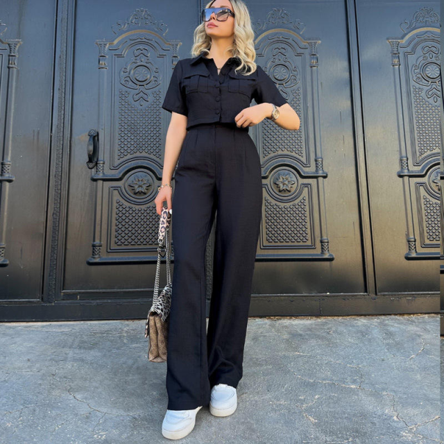 Fashion Women Linen Blend Two Piece Casual Shirt Pants Set