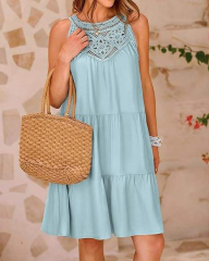 2024 European and American Women's Clothing Hot Cutout Lace Stitching Halterneck A-line Dress