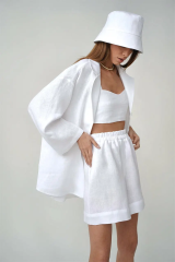 Women Cotton Two-Piece Set Loose Fit Long-Sleeved Button Shirt Casual Shorts Suits White