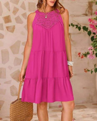 2024 European and American Women's Clothing Hot Cutout Lace Stitching Halterneck A-line Dress