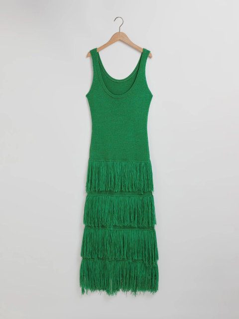 Women Custom Square Neck Fringe Hem Knit Sweater Bodycon Party Long Dress