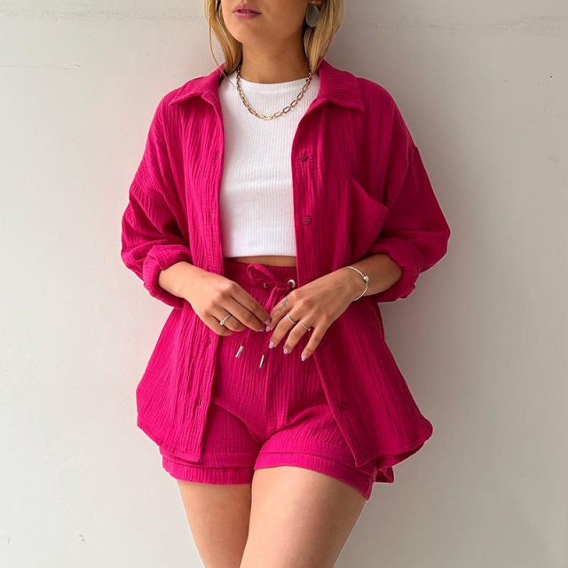 2024 Women's Two-piece Crinkled Lapel Long Sleeve Shirt High Waist Drawstring Shorts Plus Size Fashion Casual Cotton Suit