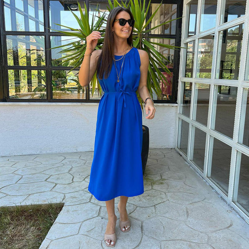 European and American Summer Sleeveless Halterneck Collar Vest Dress With Lace Slit Loose Popular Skirt