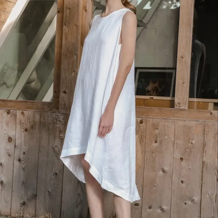 Women 100% Linen High Low Midi Dress with Pockets for Summer Casual Flowy Dress