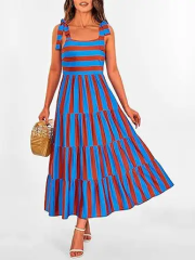 2024 European and American Women's Spaghetti Strap Sleeveless Print Pocket Side Zipper Layered Dress