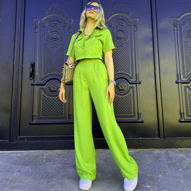 Fashion Women Linen Blend Two Piece Casual Shirt Pants Set