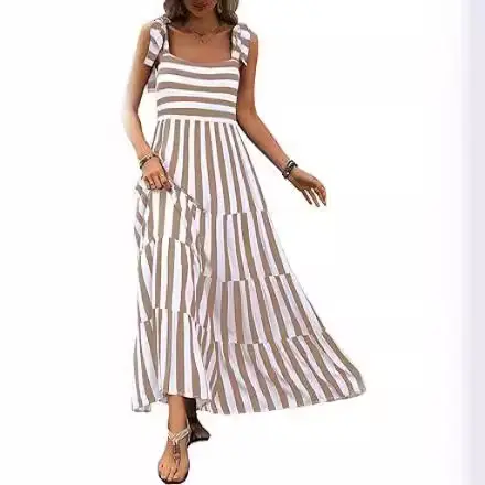 2024 European and American Women's Spaghetti Strap Sleeveless Print Pocket Side Zipper Layered Dress