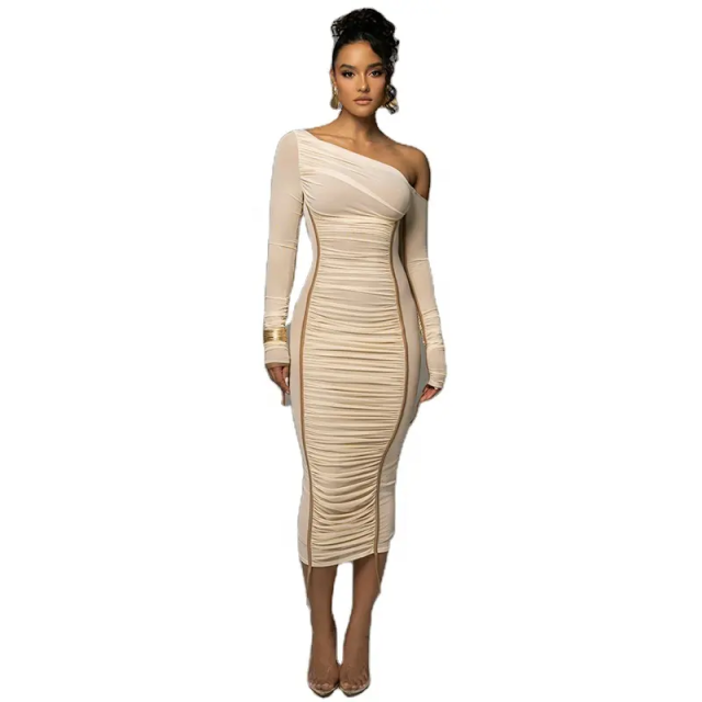 European and American Women's Summer New Solid Color Casual One-Shoulder Mesh Long-Sleeved Pleated Slim Long Dress