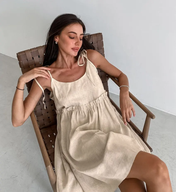 Women's Custom Cute Tiered Ruffle Empire Waist Linen Mini Summer Sundress - Khaki