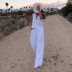Women Custom White Cotton linen Aesthetic Summer Vest Pants Outfit 2-piece Set