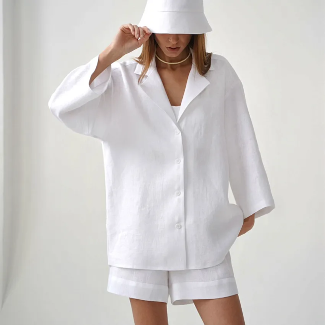 Women Cotton Two-Piece Set Loose Fit Long-Sleeved Button Shirt Casual Shorts Suits White