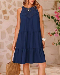 2024 European and American Women's Clothing Hot Cutout Lace Stitching Halterneck A-line Dress