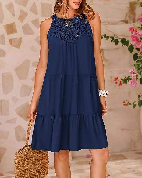 2024 European and American Women's Clothing Hot Cutout Lace Stitching Halterneck A-line Dress